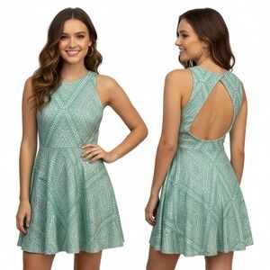 Aeropostale Sleeveless Teal White Geometric Fit Flare Mini Dress Cutout Back S‎